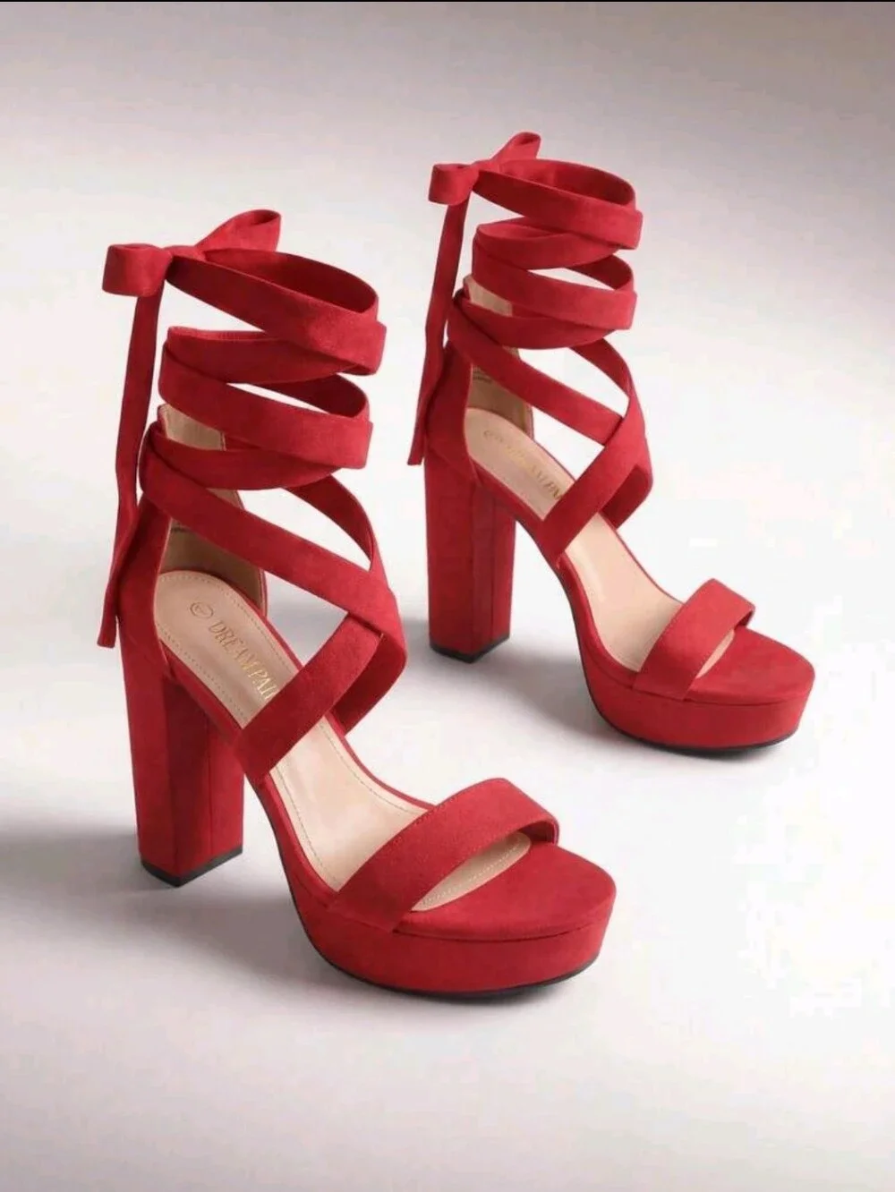 Tie-Ankle Red Platform Block Heels for Women
